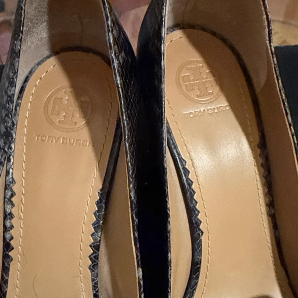 Tory Burch Black Textured Block Heel Loafer Pumps with Gold Accent